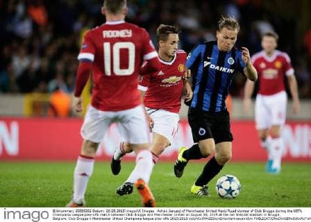 Adnan Januzaj of Manchester United ManU Ruud Vormer of Club Brugge during the UEFA Champions League play-offs match between Club Brugge and Manchester United on August 26, 2015 at the Jan Breydel stadium in Brugge, Belgium. Club Brugge v Manchester United Champions league play-offs 2015 2016 xVIxVIxIMAGESx xEricxVerhoevenxIVx 4242668