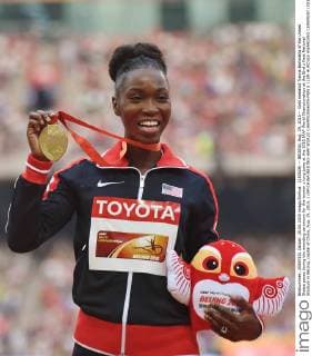 (150829) -- BEIJING, Aug. 29, 2015 -- Gold medalist Tianna Bartoletta of the United States poses during the awarding ceremony for the women s long jump at the 2015 IAAF World Championships at the Bird s Nest National Stadium in Beijing, capital of China, Aug. 29, 2015. ) (SP)CHINA-BEIJING-IAAF WORLD CHAMPIONSHIPS-MEN S 110M HURDLES AWARDING CEREMONY (CN) LixWen 