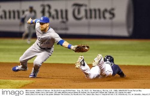 Aug. 29, 2015 - St. Petersburg, Florida, U.S. - WILL VRAGOVIC Times.Tampa Bay Rays center fielder Kevin Kiermaier (39) safe stealing second base as Kansas City Royals left fielder Ben Zobrist (18) makes the catch during the third inning of the game between the Kansas City Royals and the Tampa Bay Rays in Tropicana Field in St. Petersburg, Fla. on Saturday, August 29, 2015. Florida News - Aug. 29, 2015 - ZUMAs70_