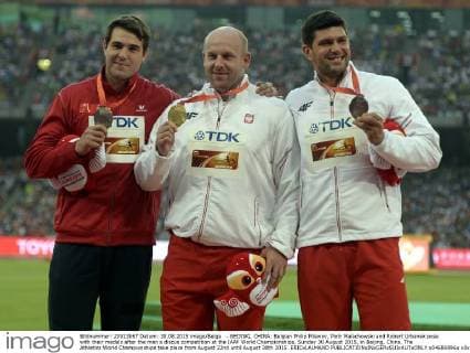 - BEIJING, CHINA: Belgian Philip Milanov, Piotr Malachowski and Robert Urbanek pose with their medals after the men s discus competition at the IAAF World Championships, Sunday 30 August 2015, in Beijing, China. The Athletics World Championships take place from August 22nd until August 30th 2015. ERICxLALMAND  x04689896x