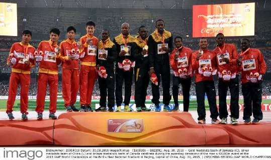 (150830) -- BEIJING, Aug. 30, 2015 -- Gold medalists team of Jamaica (C), silver medalists team of China (L) and bronze medalists team of Canada celebrate during the awarding ceremony of the men s 4X100m event at the 2015 IAAF World Champships at the Bird s Nest National Stadium in Beijing, capital of China, Aug. 30, 2015. ) (SP)CHINA-BEIJING-IAAF WORLD CHAMPIONSHIPS-MEN S 4X100M AWARDING CEREMONY (CN) WangxHaofei 