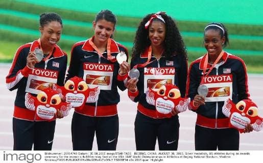 BEIJING, CHINA. AUGUST 30, 2015. Silver medalists, US athletes during an awards ceremony for the women s 4x100m relay final at the 15th IAAF World Championships in Athletics at Beijing National Stadium. Vladimir Smirnov TASS  TS00BF34