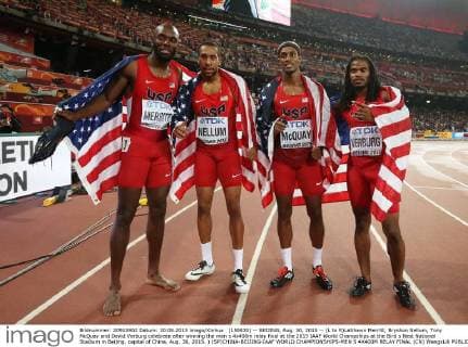 (150830) -- BEIJING, Aug. 30, 2015 -- (L to R)LaShawn Merritt, Bryshon Nellum, Tony McQuay and David Verburg celebrate after winning the men s 4x400m relay final at the 2015 IAAF World Champships at the Bird s Nest National Stadium in Beijing, capital of China, Aug. 30, 2015. ) (SP)CHINA-BEIJING-IAAF WORLD CHAMPIONSHIPS-MEN S 4X400M RELAY FINAL (CN) WangxLili 