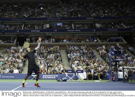 Nick Kyrgios of Australia gets set to hit an overhead in his first round match against Andy Murray of United Kingdom in Arthur Ashe Stadium on day two at the US Open Tennis Championships at the USTA Billie Jean King National Tennis Center in New York City on September 1, 2015.  NYP20150901128 JOHNxANGELILLO