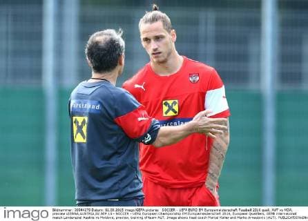 SOCCER - UEFA EURO EM Europameisterschaft Fussball 2016 quali, AUT vs MDA, preview VIENNA,AUSTRIA,02.SEP.15 - SOCCER - UEFA European Championship EM Europameisterschaft 2016, European Qualifiers, OEFB international match Länderspiel Austria vs Moldova, preview, training of team AUT. Image shows head coach Marcel Koller and Marko Arnautovic (AUT). GEPAxpictures xChristianxOrt