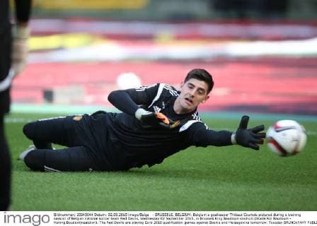 - BRUSSELS, BELGIUM: Belgium s goalkeeper Thibaut Courtois pictured during a training session of Belgian national soccer team Red Devils, Wednesday 02 September 2015, in Brussels King Baudouin stadium (Stade Roi Baudouin - Koning Boudewijnsatdion). The Red Devils are playing Euro 2016 qualification games against Bosnia and Herzegovina tomorrow. Tuesday BRUNOxFAHY  x04692272x