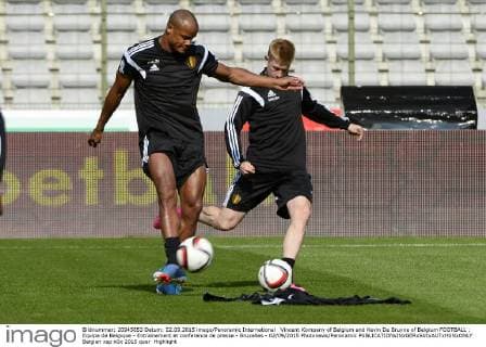 Vincent Kompany of Belgium and Kevin De Bruyne of Belgium FOOTBALL : Equipe de Belgique - Entrainement et conference de presse - Bruxelles - 02 09 2015 Photonews Panoramic 