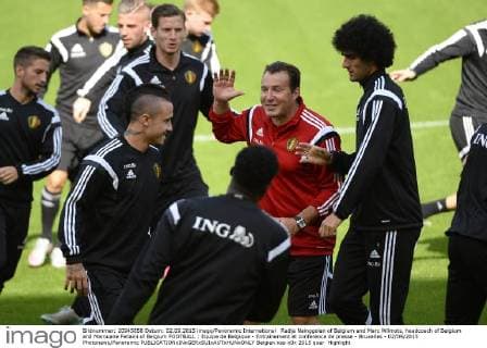 Radja Nainggolan of Belgium and Marc Wilmots, headcoach of Belgium and Marouane Fellaini of Belgium FOOTBALL : Equipe de Belgique - Entrainement et conference de presse - Bruxelles - 02 09 2015 Photonews Panoramic 