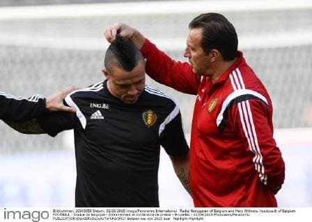 Radja Nainggolan of Belgium and Marc Wilmots, headcoach of Belgium FOOTBALL : Equipe de Belgique - Entrainement et conference de presse - Bruxelles - 02 09 2015 Photonews Panoramic 