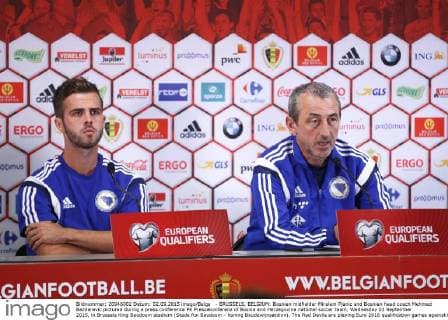 - BRUSSELS, BELGIUM: Bosnian midfielder Miralem Pjanic and Bosnian head coach Mehmed Bazdarevic pictured during a press conference PK Pressekonferenz of Bosnia and Herzegovina national soccer team, Wednesday 02 September 2015, in Brussels King Baudouin stadium (Stade Roi Baudouin - Koning Boudewijnsatdion). The Red Devils are playing Euro 2016 qualification games against Bosnia tomorrow. Tuesday BRUNOxFAHY  x04692339x
