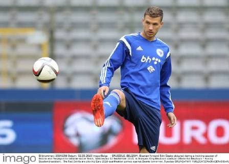 - BRUSSELS, BELGIUM: Bosnian forward Edin Dzeko pictured during a training session of Bosnia and Herzegovina national soccer team, Wednesday 02 September 2015, in Brussels King Baudouin stadium (Stade Roi Baudouin - Koning Boudewijnsatdion). The Red Devils are playing Euro 2016 qualification games against Bosnia tomorrow. Tuesday BRUNOxFAHY  x04692370x