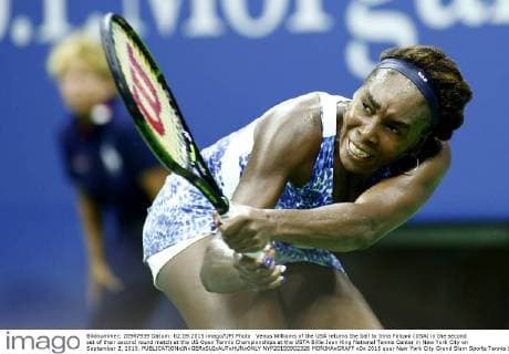 Venus Williams of the USA returns the ball to Irina Falconi (USA) in the second set of their second round match at the US Open Tennis Championships at the USTA Billie Jean King National Tennis Center in New York City on September 2, 2015.  NYP20150902326 MONIKAxGRAFF