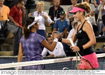 (L-R) Misaki Doi (JPN), Belinda Bencic (SUI), SEPTEMBER 2, 2015 - Tennis : Misaki Doi of Japan shakes hand with Belinda Bencic of Switzerland after losing the Women s Singles Second Round match of the U.S. Open tennis tournament at the USTA Billie Jean King National Tennis Center, Flushing Meadows in New York, United States. Noxthirdxpartyxsales  (xpta002384)