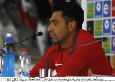 Soccer, Chilean national team Nationalteam training session. Chile s players Marcelo Diaz and Gonzalo Jara during the press conference PK Pressekonferenz at the Juan Pinto Duran training center in Santiago, Chile. 01 09 2015 - Conferencia de prensa luego del entrenamiento de la Seleccion Chilena 01 09 15. 