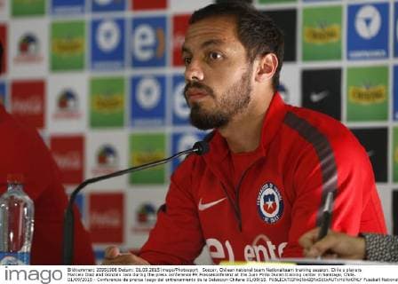 Soccer, Chilean national team Nationalteam training session. Chile s players Marcelo Diaz and Gonzalo Jara during the press conference PK Pressekonferenz at the Juan Pinto Duran training center in Santiago, Chile. 01 09 2015 - Conferencia de prensa luego del entrenamiento de la Seleccion Chilena 01 09 15. 