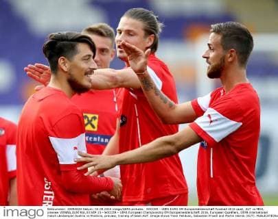 SOCCER - UEFA EURO EM Europameisterschaft Fussball 2016 quali, AUT vs MDA, preview VIENNA,AUSTRIA,03.SEP.15 - SOCCER - UEFA European Championship EM Europameisterschaft 2016, European Qualifiers, OEFB international match Länderspiel Austria vs Moldova, preview, training of team AUT. Image shows Yasin Pehlivan, Sebastian Proedl and Martin Harnik (AUT). GEPAxpictures xChristianxOrt