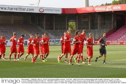 SOCCER - UEFA EURO EM Europameisterschaft Fussball 2016 quali, AUT vs MDA, preview VIENNA,AUSTRIA,03.SEP.15 - SOCCER - UEFA European Championship EM Europameisterschaft 2016, European Qualifiers, OEFB international match Länderspiel Austria vs Moldova, preview, training of team AUT. Image shows sports scientists Gerhard Zallinger (AUT) and the team from AUT. GEPAxpictures xChristianxOrt