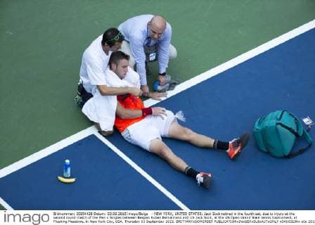 - NEW YORK, UNITED STATES: Jack Sock retired in the fourth set, due to injury at the second round match of the Men s Singles between Belgian Ruben Bemelmans and US Jack Sock, at the US Open Grand Slam tennis tournament, at Flushing Meadows, in New York City, USA, Thursday 03 September 2015. BRITTANYxSOMERSET  x04693134x