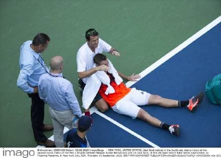 - NEW YORK, UNITED STATES: Jack Sock retired in the fourth set, due to injury at the second round match of the Men s Singles between Belgian Ruben Bemelmans and US Jack Sock, at the US Open Grand Slam tennis tournament, at Flushing Meadows, in New York City, USA, Thursday 03 September 2015. BRITTANYxSOMERSET  x04693135x