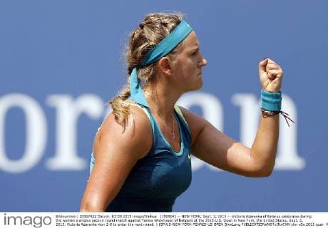 (150904) -- NEW YORK, Sept. 3, 2015 -- Victoria Azarenka of Belarus celebrates during the women s singles second round match against Yanina Wickmayer of Belgium at the 2015 U.S. Open in New York, the United States, Sept. 3, 2015. Victoria Azarenka won 2-0 to enter the next round. ) (SP)US-NEW YORK-TENNIS-US OPEN QinxLang 