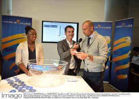 Gevrise Emane (triple championne du monde de judo) - Laurent Luyat (france tv) - Jerome Alonzo (france tv)- Auslosung - Coupe de La Ligue 2015 2016 - 16eme finale - 04 09 2015 AnthonyBIBARD FEP Panoramic 