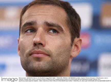 MOSCOW, RUSSIA. SEPTEMBER 4, 2015. Captain Roman Shirokov of the Russian men s national football team looks on during a press conference PK Pressekonferenz ahead of a UEFA EURO EM Europameisterschaft Fussball 2016 qualifying match against Sweden. Valery Sharifulin TASS  TS00CFB1