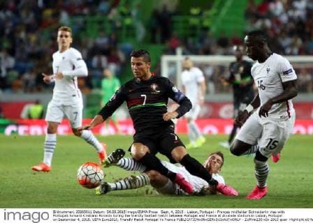 Sept. 4, 2015 - Lisbon, Portugal - Frances midfielder Schneiderlin vies with Portugals forward Cristiano Ronaldo during the friendly football match between Portugal and France at Alvalade stadium in Lisbon, Portugal on September 4, 2015. UEFA Euro2016, Friendly Match Portugal Vs France  - ZUMAn230