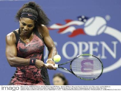 Serena Williams hits a backhand in the first set of her match against Bethanie Mattek-Sands in the third round in Arthur Ashe Stadium on day five at the US Open Tennis Championships at the USTA Billie Jean King National Tennis Center in New York City on September 4, 2015. .  NYP20150904121 JOHNxANGELILLO
