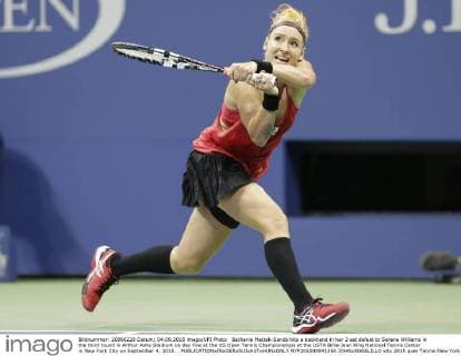 Bethanie Mattek-Sands hits a backhand in her 3 set defeat to Serena Williams in the third round in Arthur Ashe Stadium on day five at the US Open Tennis Championships at the USTA Billie Jean King National Tennis Center in New York City on September 4, 2015. .  NYP20150904135A JOHNxANGELILLO