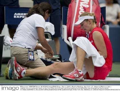 Sept. 4, 2015 - Flushing Meadows, New York, U.S - Ekaterina Makarova gets a medical time out during her match on Day Five of the 2015 US Open with Elina Svitolina at the USTA Billie Jean King National Tennis Center on Friday September 4, 2015 in the Flushing neighborhood of the Queens borough of New York City. Makarova vs. Svitolina - ZUMAp124