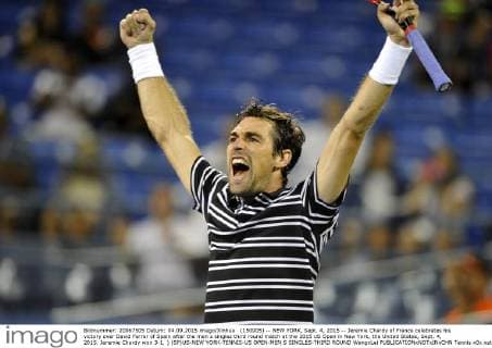 (150905) -- NEW YORK, Sept. 4, 2015 -- Jeremie Chardy of France celebrates his victory over David Ferrer of Spain after the men s singles third round match at the 2015 US Open in New York, the United States, Sept. 4, 2015. Jeremie Chardy won 3-1. ) (SP)US-NEW YORK-TENNIS-US OPEN-MEN S SINGLES-THIRD ROUND WangxLei 
