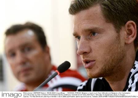 - NICOSIA, CYPRUS: Belgium s head coach Marc Wilmots and Belgium s Jan Vertonghen pictured during a press conference PK Pressekonferenz of Belgian national soccer team Red Devils, Saturday 05 September 2015, in Nicosia, Cyprus. The Red Devils are playing on Sunday a Euro 2016 qualification game against Cyprus. Tuesday DIRKxWAEM  x04693930x