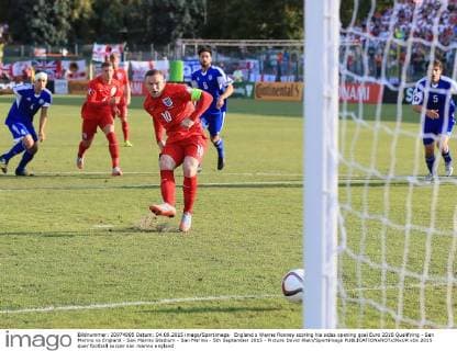 England s Wayne Rooney scoring his sides opening goal Euro 2016 Qualifying - San Marino vs England - San Marino Stadium - San Marino - 5th September 2015 - Picture David Klein Sportimage EDITORIAL USE ONLY. No use with unauthorised audio, video, data, fixture lists, club league logos or live services. Online in-match use limited to 120 images, no video emulation. No use in betting, games or single club league player publications.