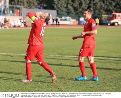 England s Wayne Rooney celebrates scoring his sides opening goal Euro 2016 Qualifying - San Marino vs England - San Marino Stadium - San Marino - 5th September 2015 - Picture David Klein Sportimage EDITORIAL USE ONLY. No use with unauthorised audio, video, data, fixture lists, club league logos or live services. Online in-match use limited to 120 images, no video emulation. No use in betting, games or single club league player publications.