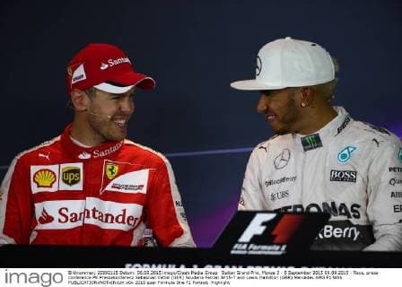 Italian Grand Prix, Monza 3 - 6 September 2015 06.09.2015 - Race, press conference PK Pressekonferenz Sebastian Vettel (GER) Scuderia Ferrari SF15-T and Lewis Hamilton (GBR) Mercedes AMG F1 W06 