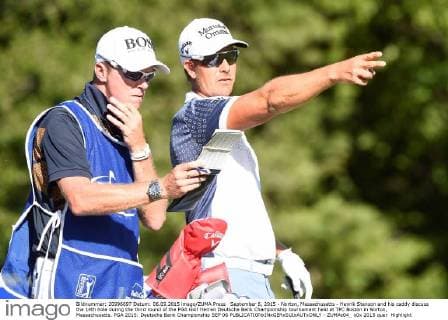 September 6, 2015 - Norton, Massachusetts - Henrik Stenson and his caddy discuss the 14th hole during the third round of the PGA Golf Herren Deutsche Bank Championship tournament held at TPC Boston in Norton, Massachusetts. PGA 2015: Deutsche Bank Championship SEP 06 - ZUMAc04_