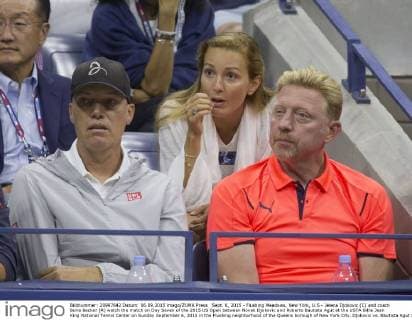 Sept. 6, 2015 - Flushing Meadows, New York, U.S - Jelena Djokovic (C) and coach Boris Becker (R) watch the match on Day Seven of the 2015 US Open between Novak Djokovic and Roberto Bautista Agut at the USTA Billie Jean King National Tennis Center on Sunday September 6, 2015 in the Flushing neighborhood of the Queens borough of New York City. Djokovic vs. Bautista Agut - ZUMAp124