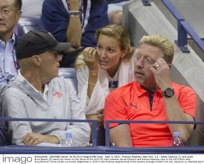 Sept. 6, 2015 - Flushing Meadows, New York, U.S - Jelena Djokovic (C) and coach Boris Becker (R) watch the match on Day Seven of the 2015 US Open between Novak Djokovic and Roberto Bautista Agut at the USTA Billie Jean King National Tennis Center on Sunday September 6, 2015 in the Flushing neighborhood of the Queens borough of New York City. Djokovic vs. Bautista Agut - ZUMAp124