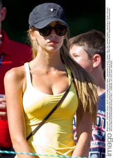 September 6, 2015; Norton, MA, USA; Paulina Gretzky, fiancÅ½e of Dustin Johnson watch him compete during the third round of the Deutsche Bank Championship at TPC Boston. PGA Golf Herren 2015: Deutsche Bank Championship SEP 06 - ZUMAc04_