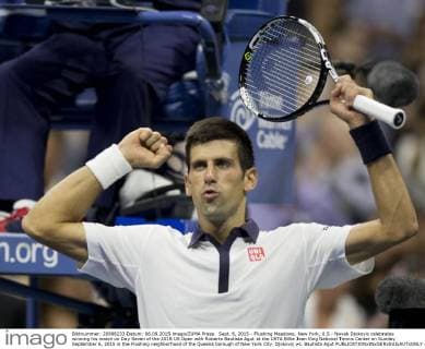 Sept. 6, 2015 - Flushing Meadows, New York, U.S - Novak Djokovic celebrates winning his match on Day Seven of the 2015 US Open with Roberto Bautista Agut at the USTA Billie Jean King National Tennis Center on Sunday September 6, 2015 in the Flushing neighborhood of the Queens borough of New York City. Djokovic vs. Bautista Agut - ZUMAp124