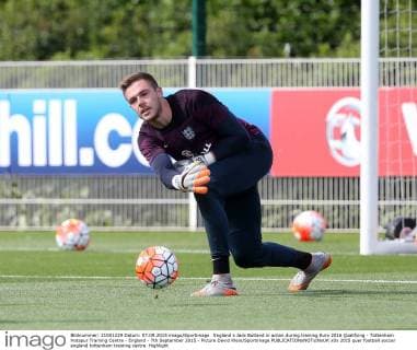 England s Jack Butland in action during training Euro 2016 Qualifying - Tottenham Hotspur Training Centre - England - 7th September 2015 - Picture David Klein Sportimage EDITORIAL USE ONLY. No use with unauthorised audio, video, data, fixture lists, club league logos or live services. Online in-match use limited to 120 images, no video emulation. No use in betting, games or single club league player publications.