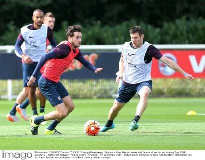 England s Ryan Mason tussles with James Milner during training Euro 2016 Qualifying - Tottenham Hotspur Training Centre - England - 7th September 2015 - Picture David Klein Sportimage EDITORIAL USE ONLY. No use with unauthorised audio, video, data, fixture lists, club league logos or live services. Online in-match use limited to 120 images, no video emulation. No use in betting, games or single club league player publications.