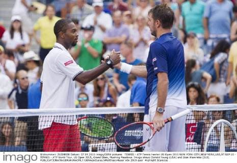 TENNIS - ATP Tennis Herren US Open 2015 NEW YORK CITY,NEW YORK,USA,07.SEP.15 - TENNIS - ATP World Tour, US Open 2015, Grand Slam, Flushing Meadows. Image shows Donald Young (USA) and Stan Wawrinka (SUI). GEPAxpictures xMatthiasxHauer