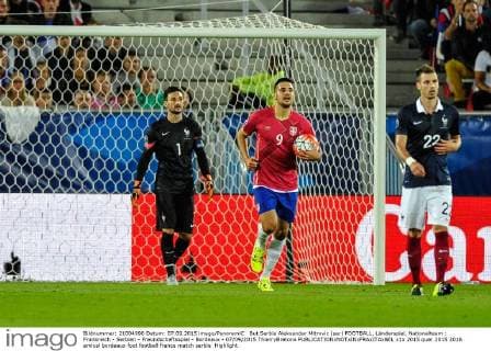 But Serbie Aleksandar Mitrovic (ser) FOOTBALL, Länderspiel, Nationalteam : Frankreich - Serbien - Freundschaftsspiel - Bordeaux - 07 09 2015 ThierryBretonx 