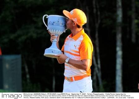 September 7, 2015 - Norton, Massachusetts - Rickie Fowler kisses the the Wedgewood Trophy after winning the championship round of the PGA Golf Herren Deutsche Bank Championship tournament held at TPC Boston in Norton, Massachusetts. PGA 2015: Deutsche Bank Championship SEP 07 - ZUMAc04_
