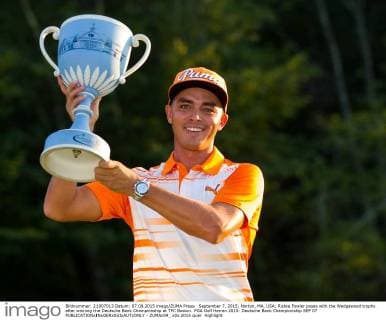 September 7, 2015; Norton, MA, USA; Rickie Fowler poses with the Wedgewood trophy after winning the Deutsche Bank Championship at TPC Boston. PGA Golf Herren 2015: Deutsche Bank Championship SEP 07 - ZUMAc04_