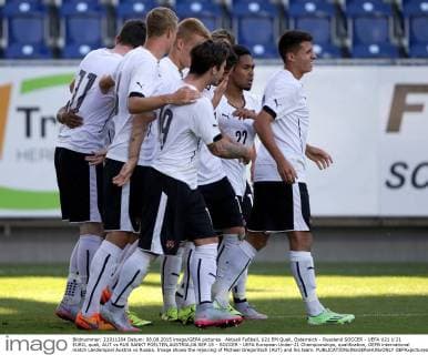 Aktuell Fußball, U21 EM Quali, Österreich - Russland SOCCER - UEFA U21 U 21 EURO, quali, AUT vs RUS SANKT POELTEN,AUSTRIA,08.SEP.15 - SOCCER - UEFA European Under-21 Championships, qualification, OEFB international match Länderspiel Austria vs Russia. Image shows the rejoicing of Michael Gregoritsch (AUT) and his team. GEPAxpictures xWalterxLuger
