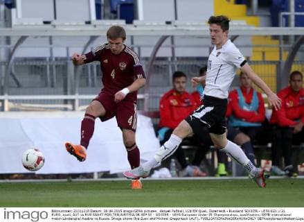 Aktuell Fußball, U21 EM Quali, Österreich - Russland SOCCER - UEFA U21 U 21 EURO, quali, AUT vs RUS SANKT POELTEN,AUSTRIA,08.SEP.15 - SOCCER - UEFA European Under-21 Championships, qualification, OEFB international match Länderspiel Austria vs Russia. Image shows Ilya Zuev and Michael Gregoritsch (AUT). GEPAxpictures xWalterxLuger