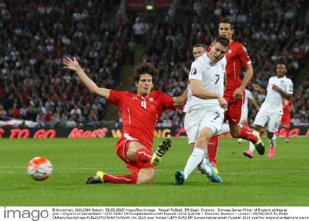 Aktuell Fußball, EM Quali, England - Schweiz James Milner of England strikes at goal - England vs Switzerland - UEFA EURO EM Europameisterschaft Fussball 2016 Qualifier - Wembley Stadium - London - 08 09 2015 Pic Philip Oldham SportImage EDITORIAL USE ONLY. No use with unauthorised audio, video, data, fixture lists, club league logos or live services. Online in-match use limited to 120 images, no video emulation. No use in betting, games or single club league player publications.