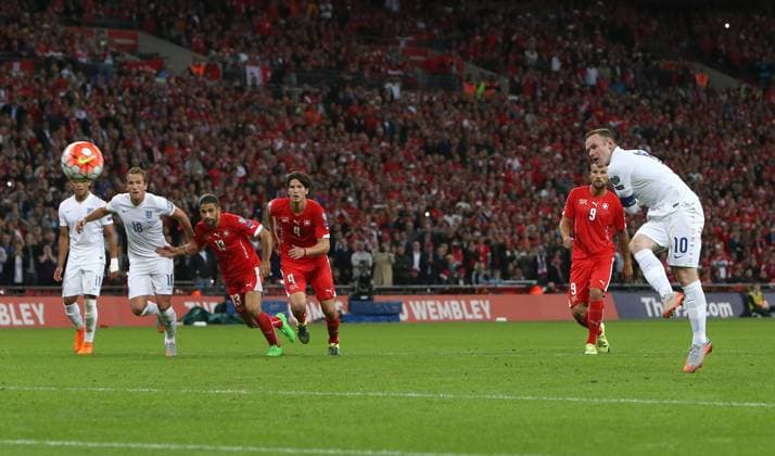 Wayne Rooney of England scores his 50th England goal - England vs Switzerland - UEFA EURO EM Europameisterschaft Fussball 2016 Qualifier - Wembley Stadium - London - 08 09 2015 Pic Philip Oldham SportImage EDITORIAL USE ONLY. No use with unauthorised audio, video, data, fixture lists, club league logos or live services. Online in-match use limited to 120 images, no video emulation. No use in betting, games or single club league player publications.